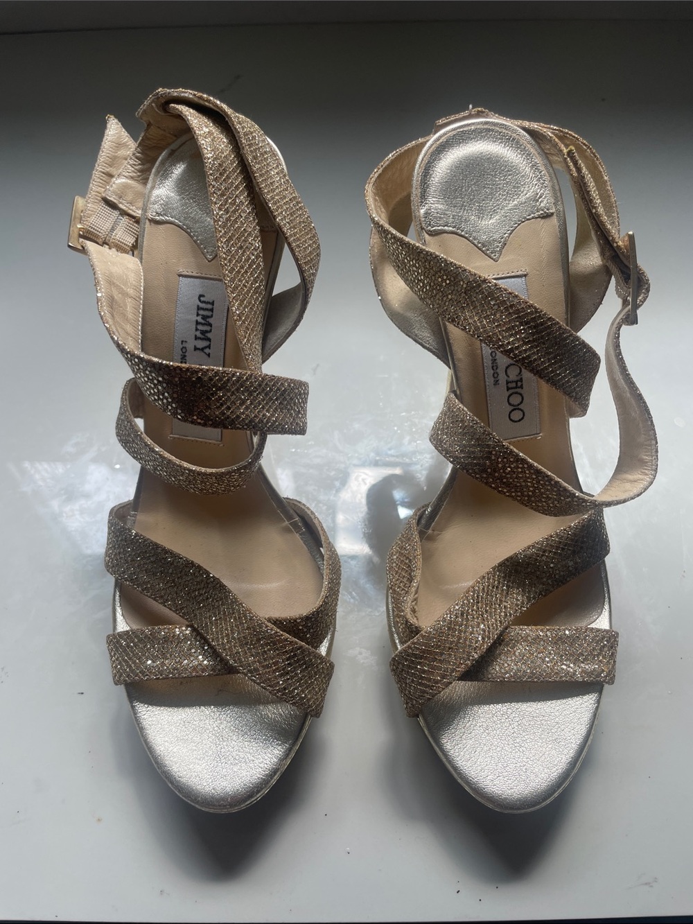 Jimmy Choo Champagne Glitter Wrap-Heel Sandals
